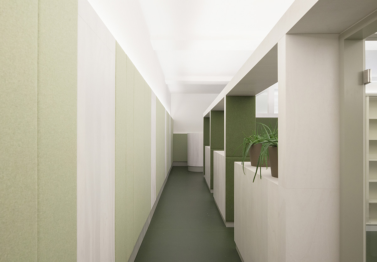Büroausbau für die Verwaltung der Bio Company in den Berliner Goerz- Höfen, halboffene Arbeitsbereiche,Akkustik Wandelementen aus hellgrünem Wollfilz