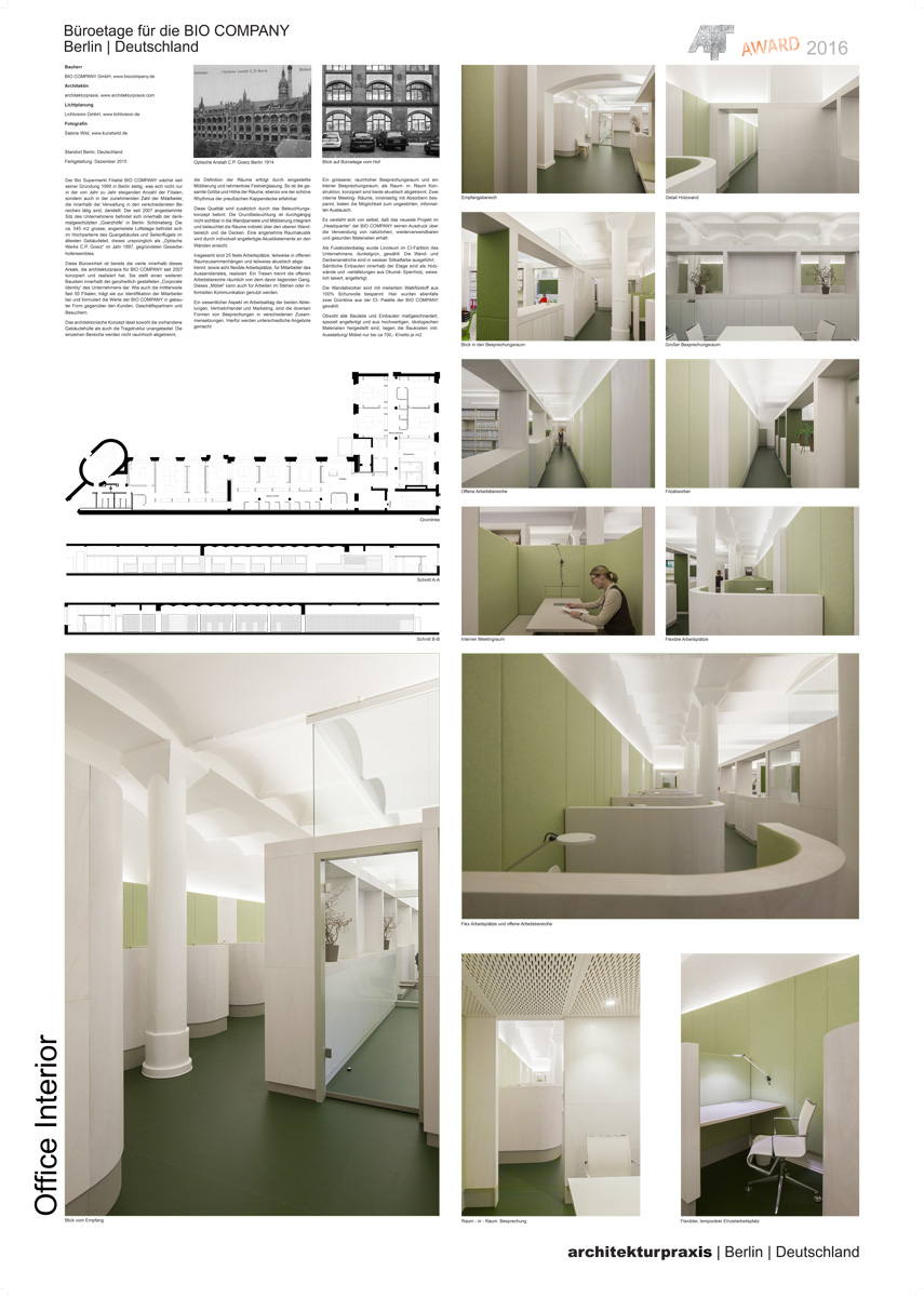 Büroausbau für die Verwaltung der Bio Company in den Berliner Goerz- Höfen, Beitrag für den AITaward 2016, mit Projektfotos und- beschreibung