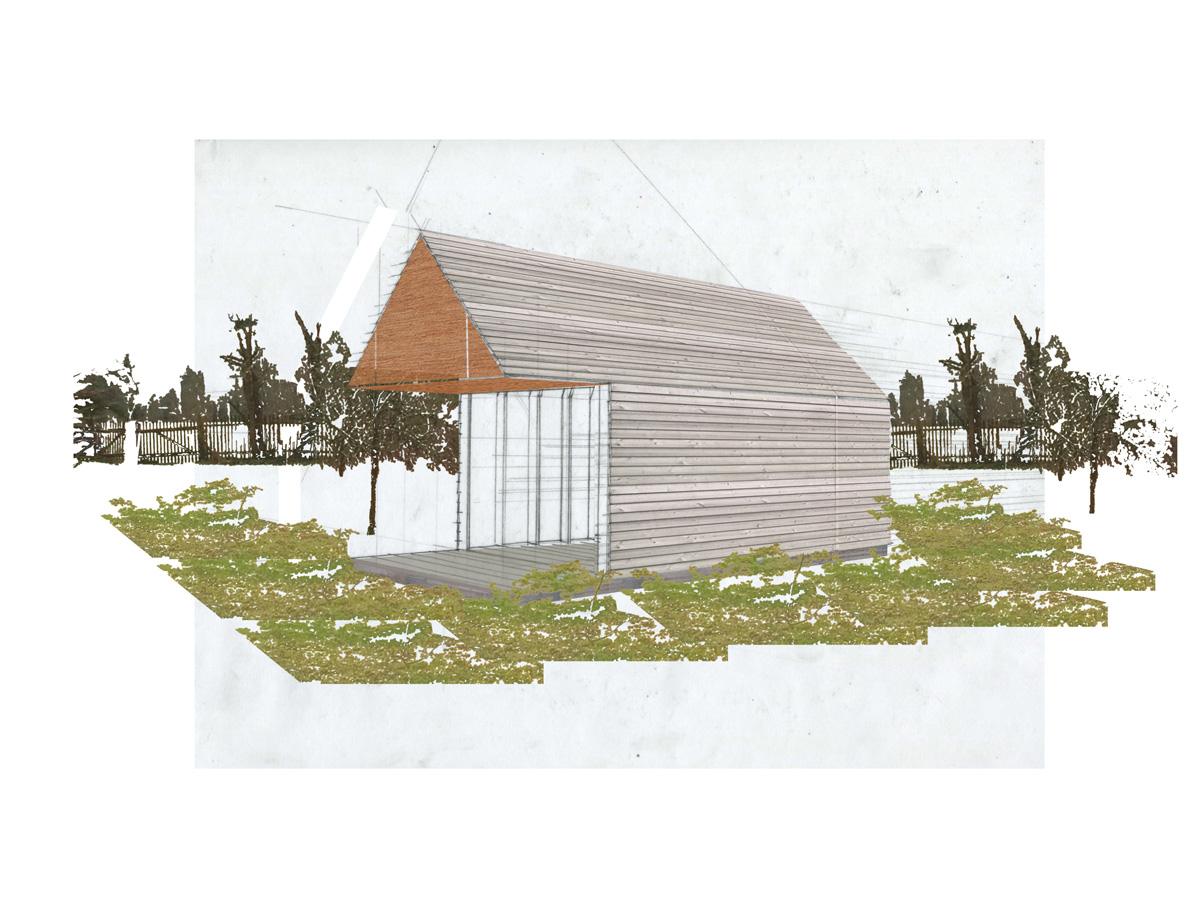 Entwicklung Prototyp Gartenhaus aus Holz, Materialstudie, Collage