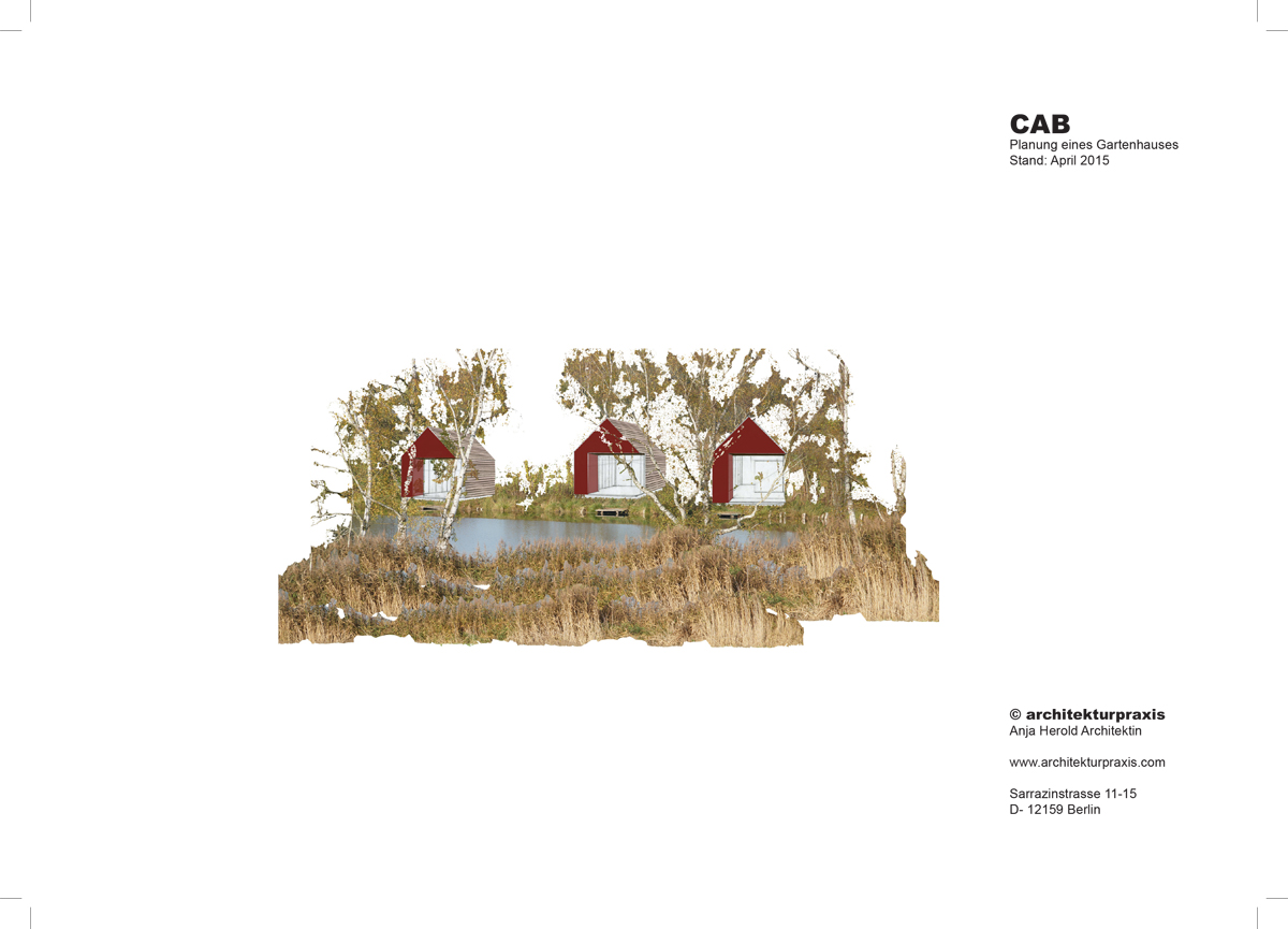 Entwicklung Prototyp Gartenhaus aus Holz, Perspektive, Studie Gruppe von drei Gartenhäusern am See