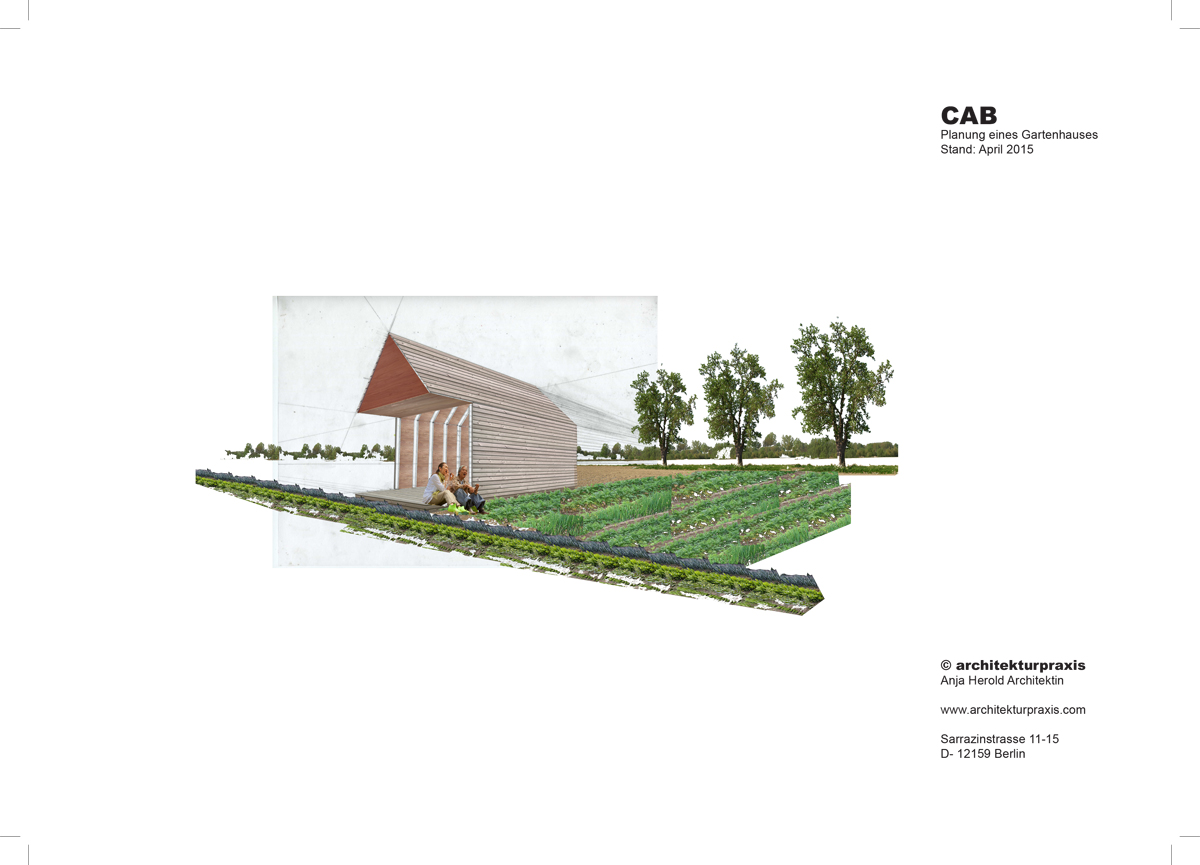 Entwicklung Prototyp Gartenhaus aus Holz, Perspektive, Studie Gruppe von drei Gartenhäusern am See