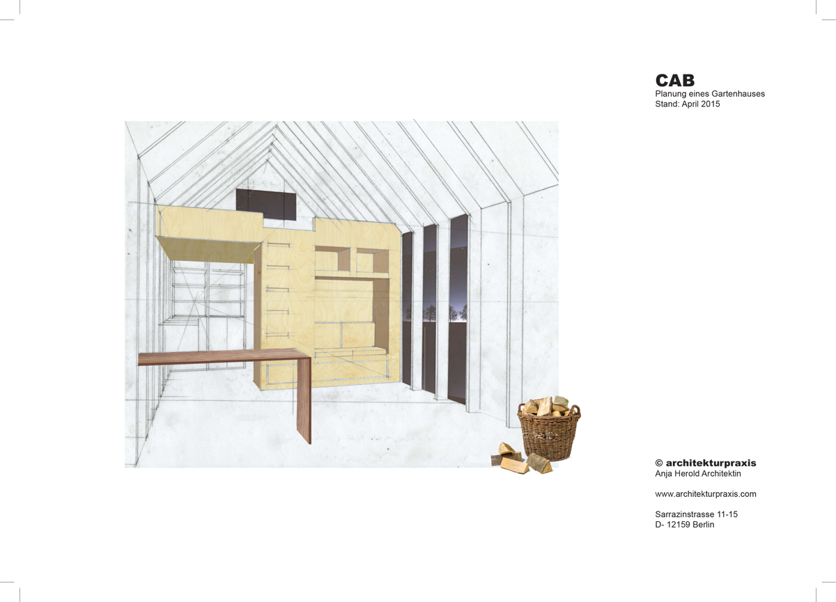 Entwicklung Prototyp Gartenhaus aus Holz, Perspektive, Studie Innenraum mit Blick zum See, Angelgeräte