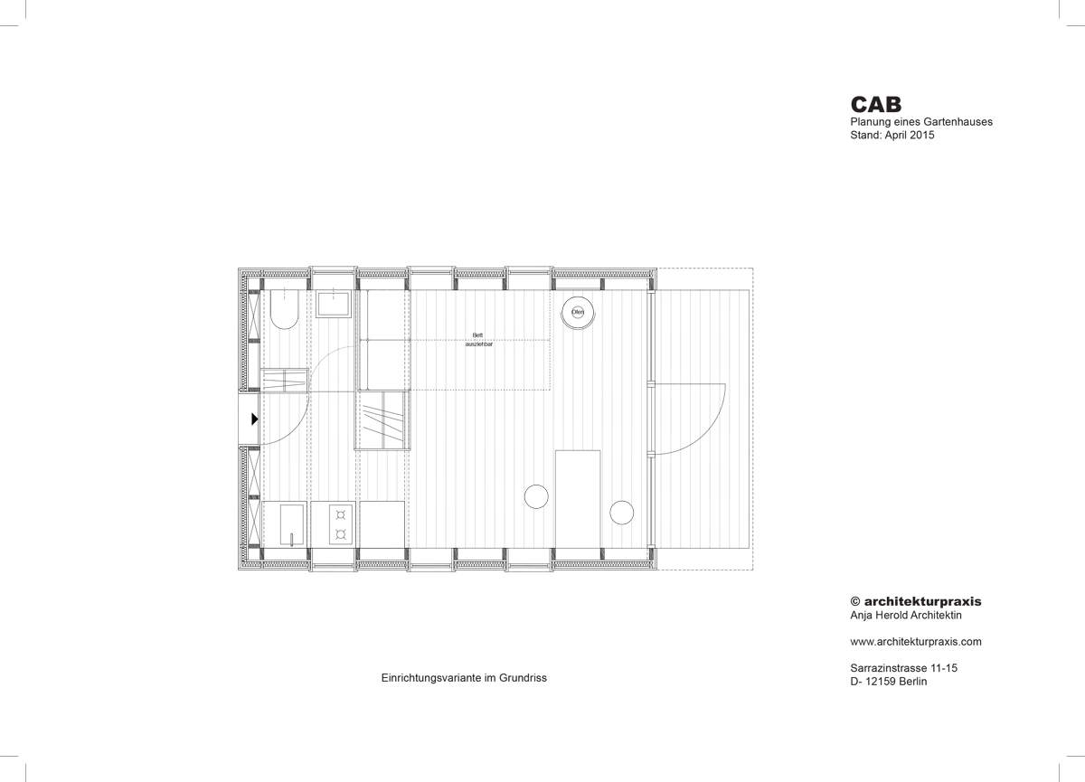 Entwicklung Prototyp Gartenhaus aus Holz, Perspektive, Studie Einrichtung und Innenraum, Farb- und Materialkonzept