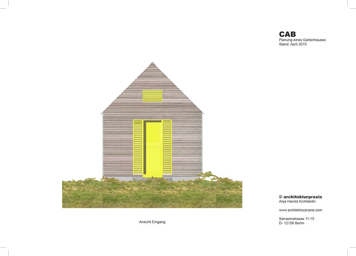 Entwicklung Prototyp Gartenhaus aus Holz, Eingangsfassade, Collage, gelbe Tür
