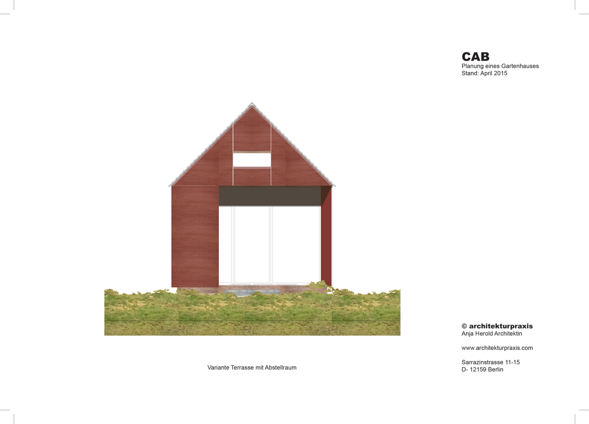 Entwicklung Prototyp Gartenhaus aus Holz, Gartenfassade, Collage, rote Giebelseite