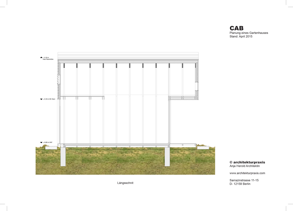 Entwicklung Prototyp Gartenhaus aus Holz, Zeichnung Konstruktion, Längsschnitt