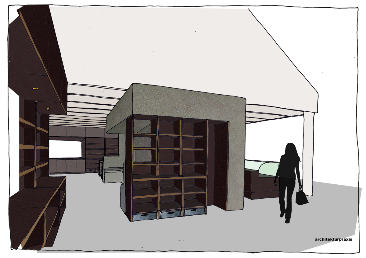 AInnenausbaukonzept für den Hofladen Overmeyer Landbaukultur, Image Präsentation auf raumhohen Wandregalen