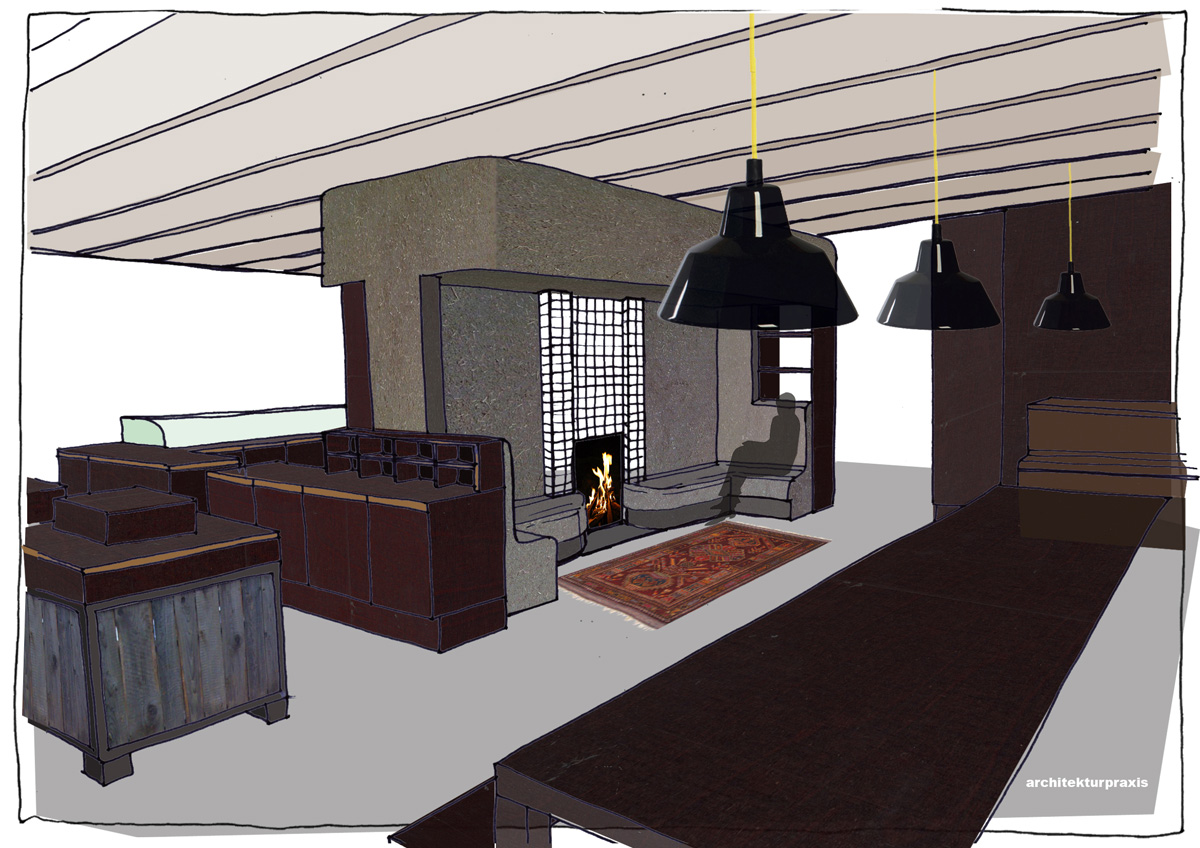 Innenausbaukonzept für den Hofladen Overmeyer Landbaukultur, Image Overmeyerzimmer mit Kamin