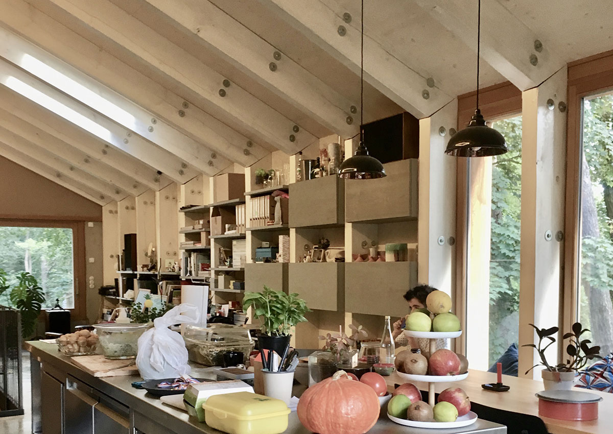 Ökologisches Einfamilienhaus in Brandenburg, offener Wohnbereich, Holzbinder, integrierte Möblierung