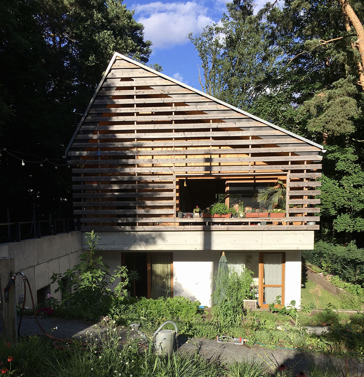 Ökologisches Einfamilienhaus in Brandenburg, Eingangsseite mit Giebelverkleidung aus Lärchenholzlamellen