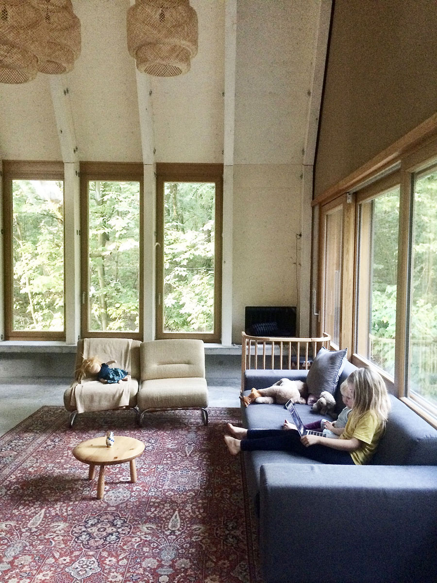 Ökologisches Einfamilienhaus in Brandenburg, offener Wohnbereich mit Blick in den Wald, Fussboden geschliffener Beton