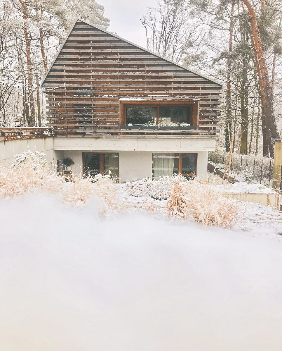 Ökologisches Einfamilienhaus in Brandenburg, Eingangsseite mit Giebelverkleidung aus Lärchenholzlamellen