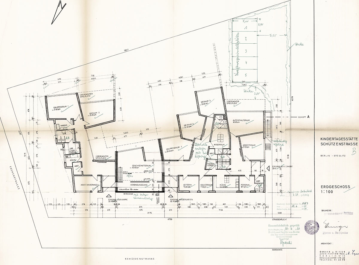 Kindergartengestaltung Evangelische Matthäus- Kirchengemeinde Berlin, Originalgrundriss, Geber und Risse Architekten, 1964