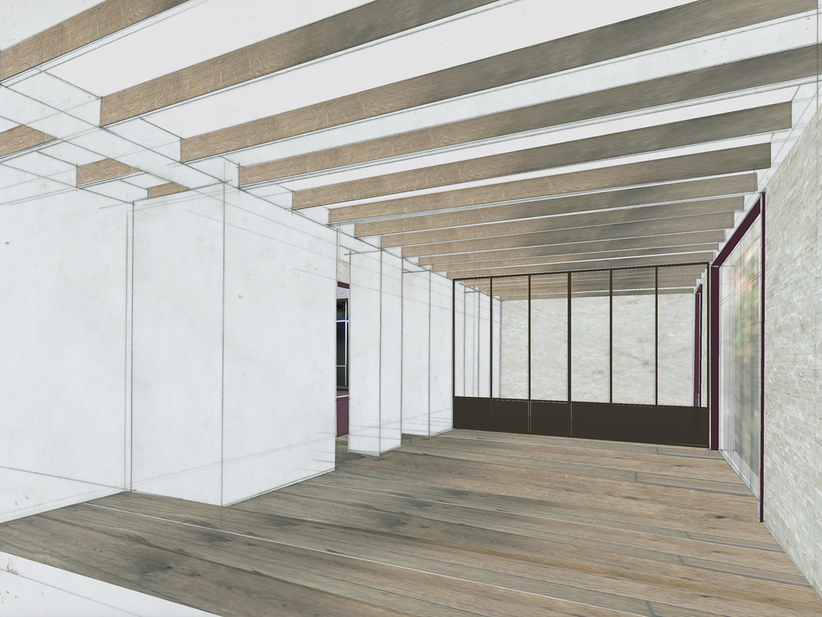 Wohnungsausbau Berlin, Schöneberg als Loft, Perspektivstudie Material- und Farbkonzept, Deckenstruktur